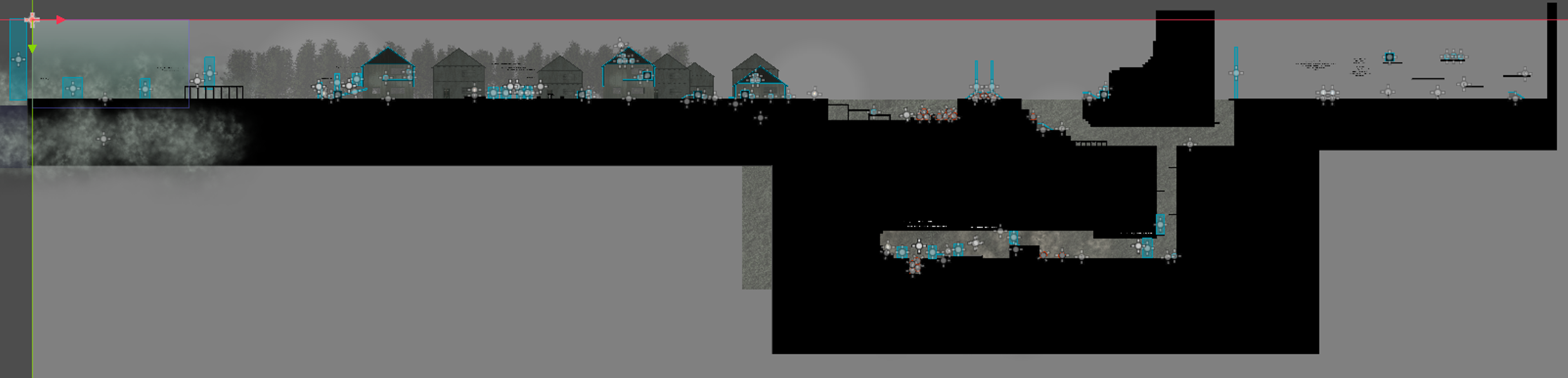 A picture of the full level of Aether, a harbour leading into a small town and then onward to a mine shaft