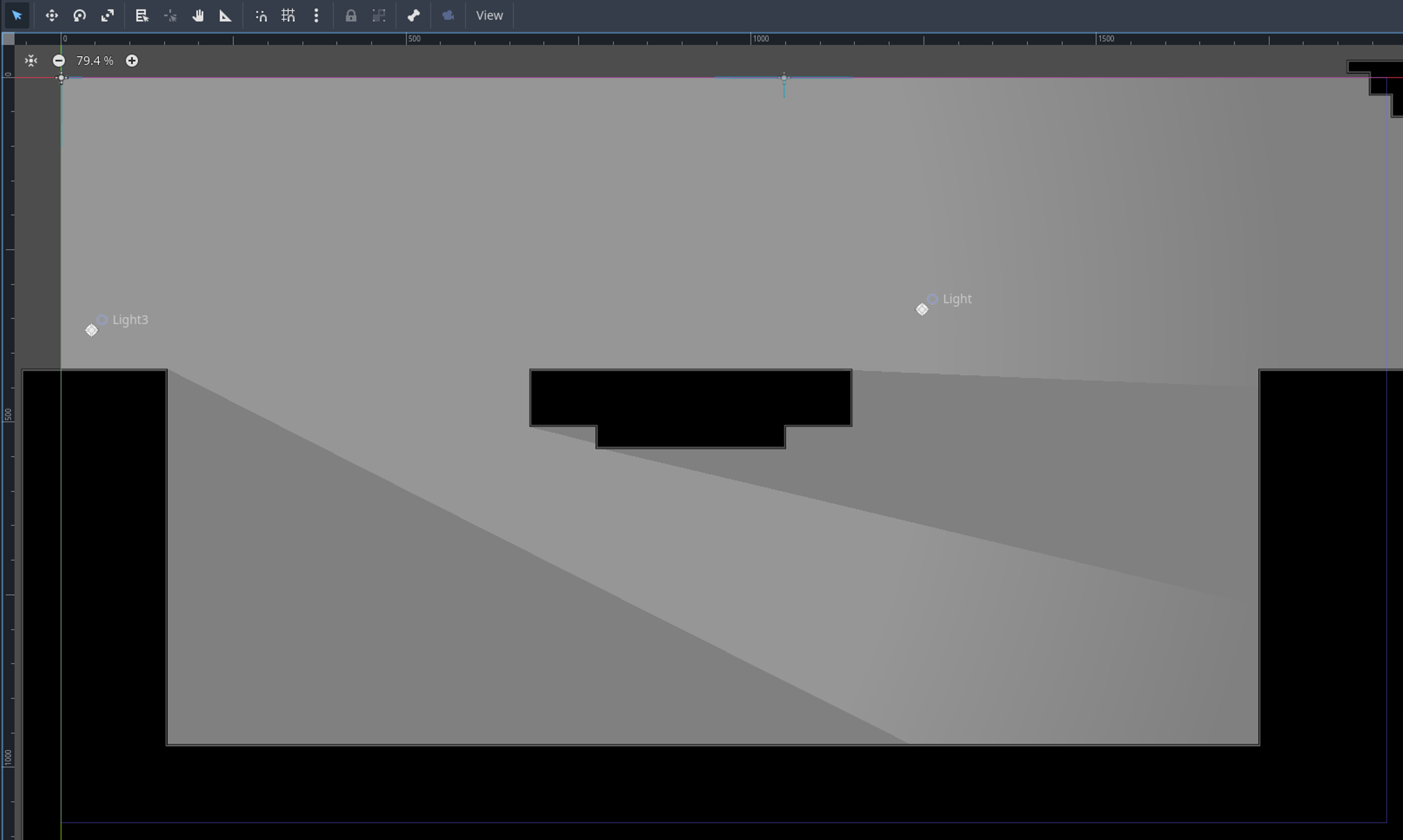 A screenshot from Godot, showing a set of platforms and some light sources casting shadows